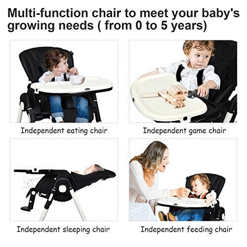 INFANS High Chair for Babies & Toddlers, Foldable Highchair with Multiple Adjustable Backrest, Footrest and Seat Height, Removable Tray, Detachable PU Leather Cushion, Built-in Rear Wheels (Black) - 34