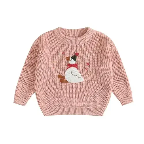 Infant Baby Boy Girl Knit Sweater Rooster Goose Embroidery Crew Neck Long Sleeve Pullover Knit Shirt Winter Clothes - INFANT