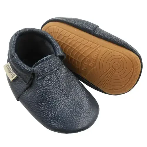 Infant Baby Moccasins rezina taglikli - Yumshoq charm, sirpanishga qarshi krovatda yuradigan bolalar poyafzali jigarrang - Infant