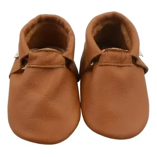 Infant Baby Moccasins with Rubber Sole - Soft Leather Anti Slip Crib Walking Baby Shoes Brown - 2