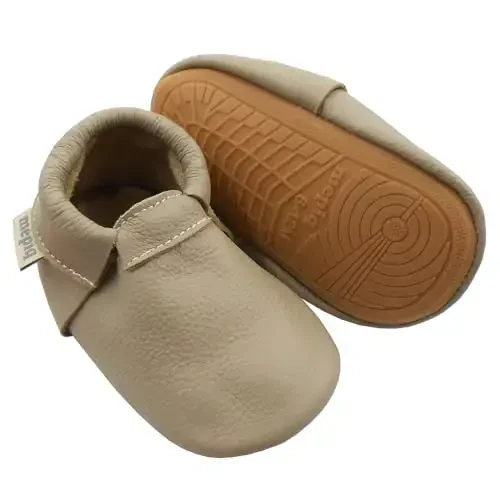 Infant Baby Moccasins with Rubber Sole - Soft Leather Anti Slip Crib Walking Baby Shoes Brown 
