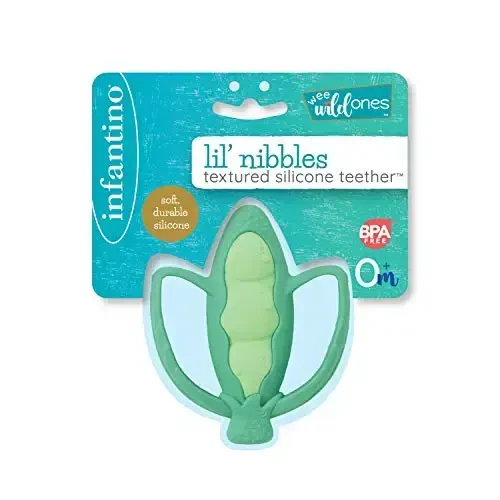 Infantino Lil’ Nibbles Textured Silicone Teether, BPA-Free Baby Teething Toy, Soft, Easy to Hold, Sensory Stimulation for Infants, Pea Pod - 6