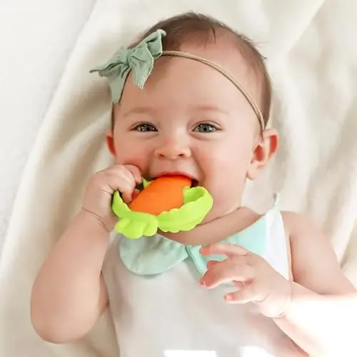 Infantino Lil' Nibbles Textured Silicone Baby Teether - Sensory Exploration and Teething Relief with Easy to Hold Handles, Orange Carrot, 0+ Months - 1