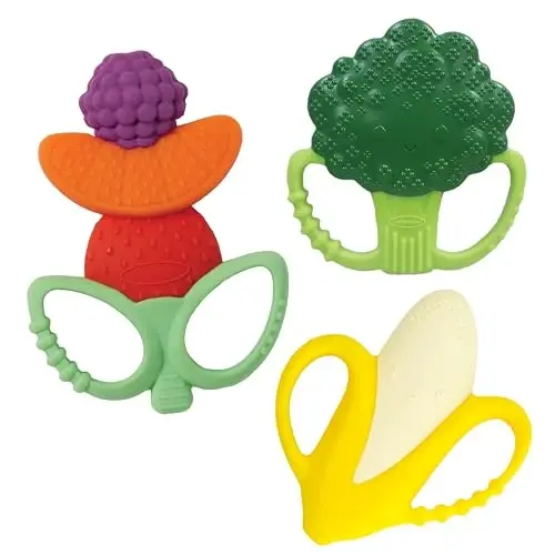 Infantino Lil’ Nibbles Textured Silicone Teethers, BPA-Free Baby Teething Toy, Soft, Easy to Hold, Sensory Stimulation for Infants, Banana, Broccoli, Fruit Kabob, 3-Pack Set 