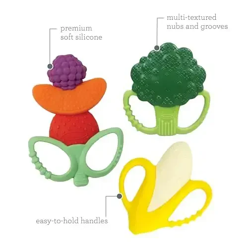 Infantino Lil’ Nibbles Textured Silicone Teethers, BPA-Free Baby Teething Toy, Soft, Easy to Hold, Sensory Stimulation for Infants, Banana, Broccoli, Fruit Kabob, 3-Pack Set - 5