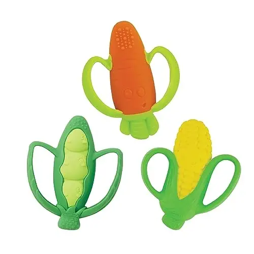 Infantino Lil’ Nibbles Textured Silikon Tishlagichlar, BPA-siz Chaqaloq Tishlash O'yinchog'i, Yumshoq, Us hlash Oson, Go'daklar uchun Sensorli Stimulyatsiya, Sabzi, Makkajo'xori, No'xat Qobig'i, 3 Donali To'plam - 1