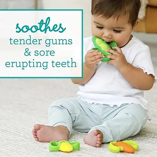 Infantino Lil’ Nibbles Textured Silikon Tishlagichlar, BPA-siz Chaqaloq Tishlash O'yinchog'i, Yumshoq, Us hlash Oson, Go'daklar uchun Sensorli Stimulyatsiya, Sabzi, Makkajo'xori, No'xat Qobig'i, 3 Donali To'plam - 2