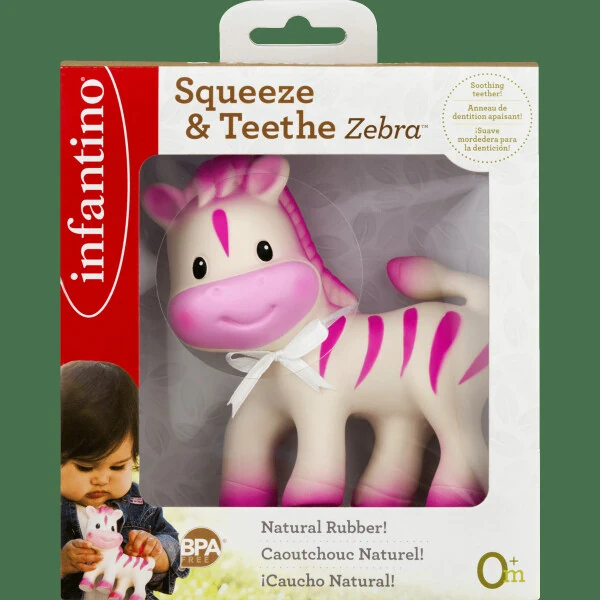 Infantino Squeeze & Teethe Baby Teething Toy, 6-12 Months Unisex, P)ink Zebra - 4