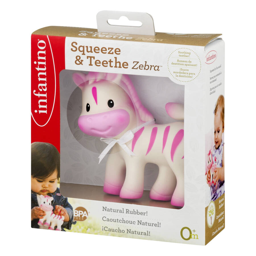 Infantino Squeeze & Teethe Baby Teething Toy, 6-12 Months Unisex, P)ink Zebra - 3