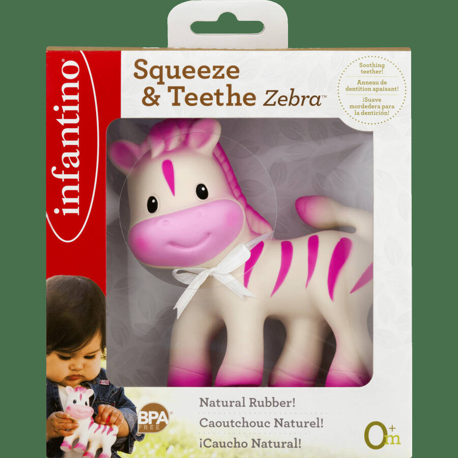 Infantino Squeeze & Teethe Baby Teething Toy, 6-12 Months Unisex, P)ink Zebra - 4