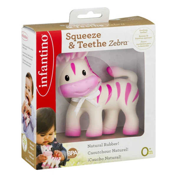 Infantino Squeeze & Teethe Baby Teething Toy, 6-12 Months Unisex, Pink Zebra - INFANTINO (1)