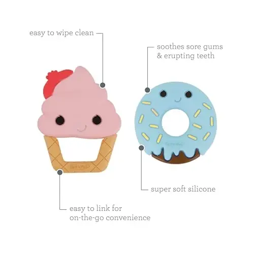 Infantino Sweet Tooth Silicone Teethers, Textured Baby Teething Toy, Ice Cream and Donut, 2-Pack - 5