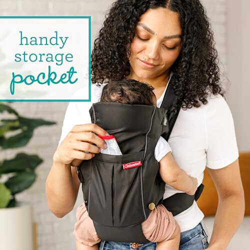 Infantino Swift Classic Carrier with Pocket, 2-Ways to Carry Carrier with Wonder Bib & Essentials Storage Front Pocket for Babies 8-25lb, Adjustable Strap, Black - 32