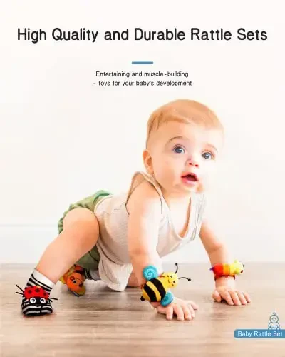Infinno Baby Wrist Rattle Socks and Foot Finder Set, Perfect Baby Toys for 0-12 Months Newborn Boys and Girls As Baby Shower Gifts, Garden Bug Series - 4