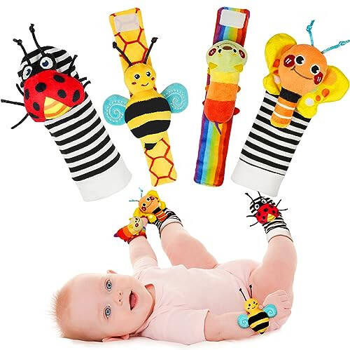 Infinno Baby Wrist Rattle Socks and Foot Finder Set, Perfect Baby Toys for 0-12 Months Newborn Boys and Girls As Baby Shower Gifts, Garden Bug Series - 1