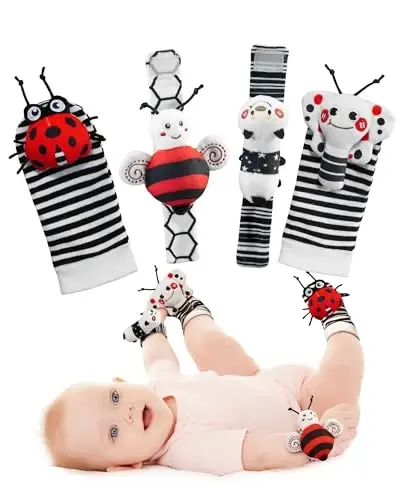 Infinno High Contrast Baby Toys Infant Rattle Socks and Wristband Set, Ideal Baby Sensery Toy Gifts for Newborn 0-12 Months, Perpect Black and White Toys for Boys and Girls As Baby Shower Gifts - INFINNO