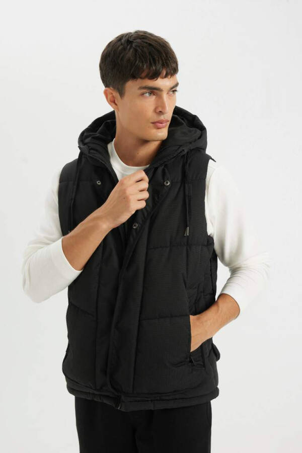 Inflatable Vest Hooded Zipped Buttoned Pocket Black - 1