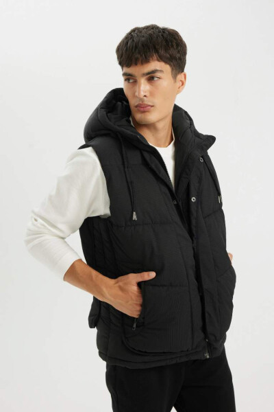 Inflatable Vest Hooded Zipped Buttoned Pocket Black - 3