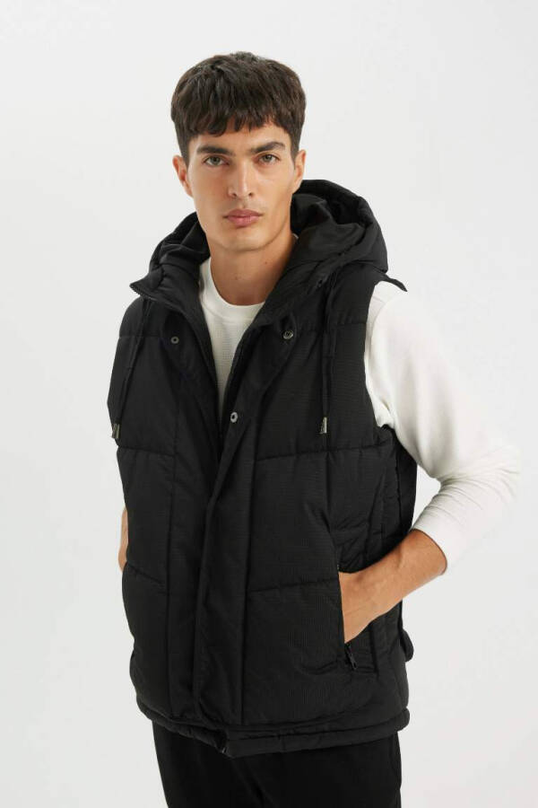 Inflatable Vest Hooded Zipped Buttoned Pocket Black - 4