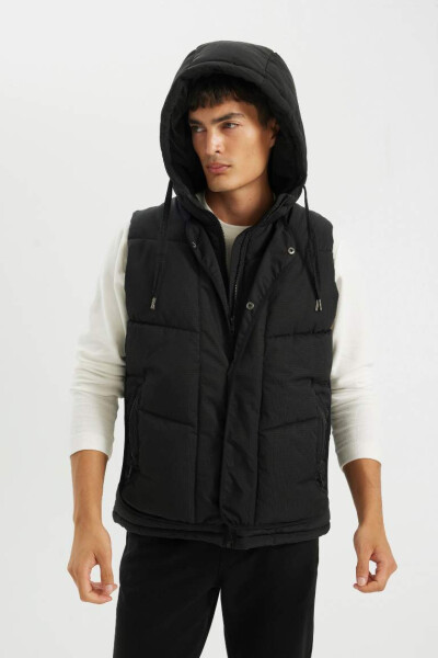 Inflatable Vest Hooded Zipped Buttoned Pocket Black - 5