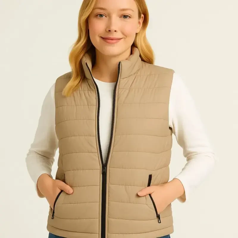 Inflatable Zippered Vest Water Repellent Quilted Lined Fabric Pocketed Lightweight Winter Sports Relaxed Fit - Beige - 4