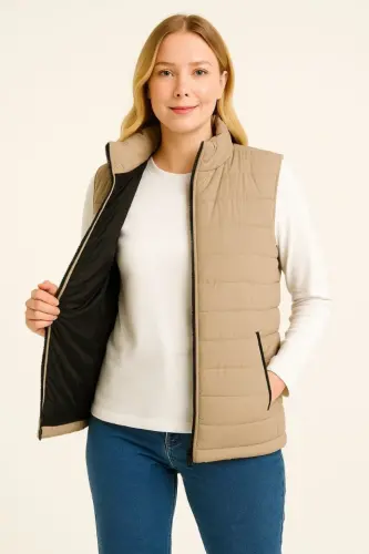 Inflatable Zippered Vest Water Repellent Quilted Lined Fabric Pocketed Lightweight Winter Sports Relaxed Fit - Beige - 1