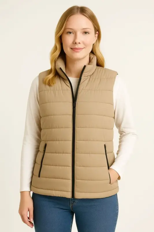 Inflatable Zippered Vest Water Repellent Quilted Lined Fabric Pocketed Lightweight Winter Sports Relaxed Fit - Beige - 2