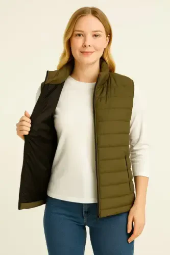 Inflatable Zippered Vest Water Repellent Quilted Lined Fabric Pocketed Lightweight Winter Sports Relaxed Fit - Khaki - 1