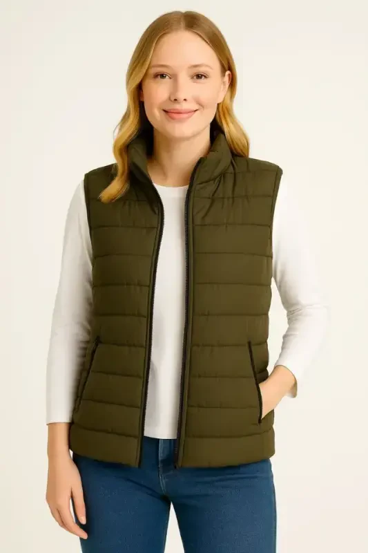 Inflatable Zippered Vest Water Repellent Quilted Lined Fabric Pocketed Lightweight Winter Sports Relaxed Fit - Khaki - 2