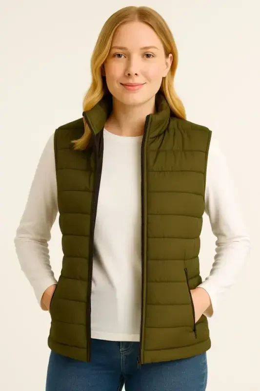 Inflatable Zippered Vest Water Repellent Quilted Lined Fabric Pocketed Lightweight Winter Sports Relaxed Fit - Khaki - 3