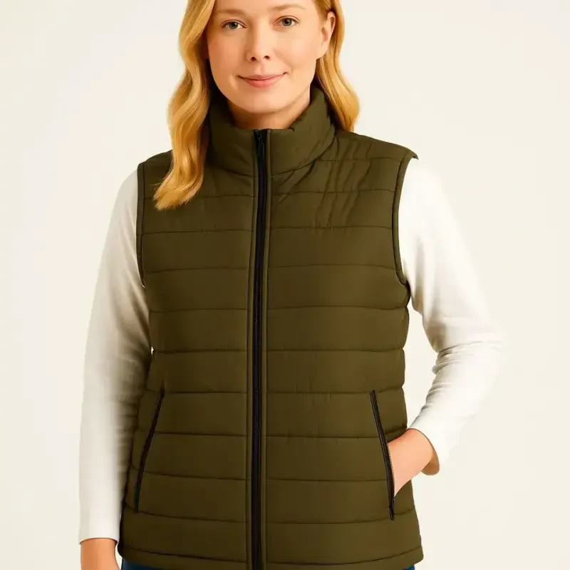 Inflatable Zippered Vest Water Repellent Quilted Lined Fabric Pocketed Lightweight Winter Sports Relaxed Fit - Khaki - 4