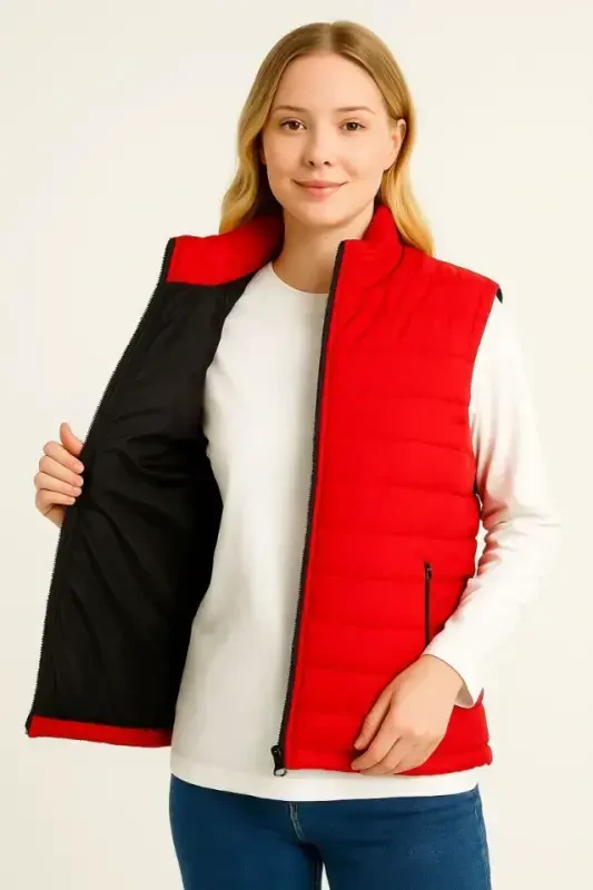 Inflatable Zippered Vest Water Repellent Quilted Lined Fabric Pocketed Lightweight Winter Sports Relaxed Fit - Red - 1