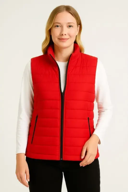 Inflatable Zippered Vest Water Repellent Quilted Lined Fabric Pocketed Lightweight Winter Sports Relaxed Fit - Red - 2