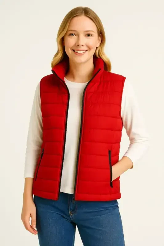 Inflatable Zippered Vest Water Repellent Quilted Lined Fabric Pocketed Lightweight Winter Sports Relaxed Fit - Red - 4