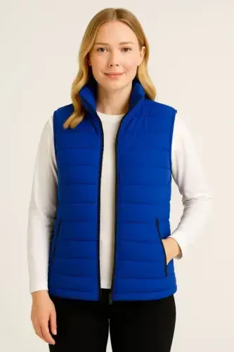 Inflatable Zippered Vest Water Repellent Quilted Lined Fabric Pocketed Lightweight Winter Sports Relaxed Fit - Sapphire Blue - BÜYÜKBEDENIZ (1)
