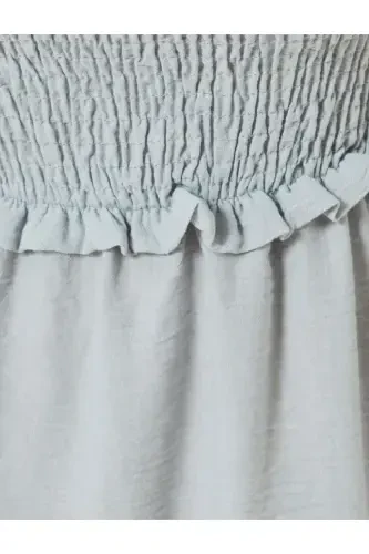 Ingichka yelkali midi bo'yli burmali ko'ylak gipürli munchoq detallari bilan - Kulrang - 6