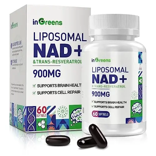 inGreens 900mg Liposomal NAD+ 300mg Trans Resveratrol bilan - Yuqori singish, NMN o‘rnini bosadi, DNKni tiklash, energiya va uzoq umr ko‘rish uchun NAD+ ni oshiradi, qarishga qarshi kurash, 60 ta yumshoq kapsula 