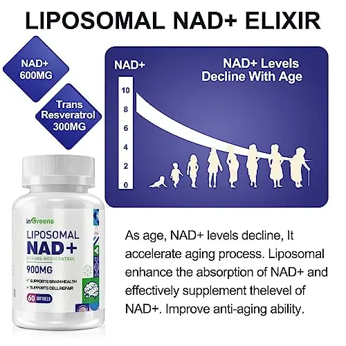 inGreens 900mg Liposomal NAD+ Supplement with 300mg Trans Resveratrol - Superior Absorption, Replaces NMN, Boost NAD+ for DNA Repair, Energy & Longevity, Aging Defense, 120 Softgels - 3