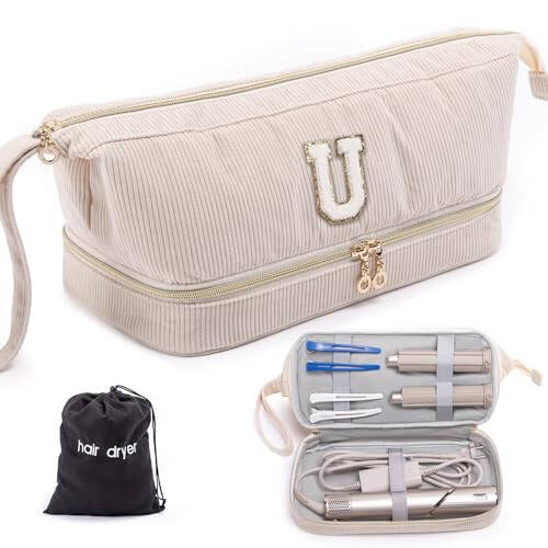Initial Personalized Hair Dryer Case, Double-Layer Hair Tools Travel Carrying Case for Shark FlexStyle/SmoothStyle with Hair Dryer Bag - Hair Air Wrap Dryer Case Flat Curling Iron Travel Organizer - 1