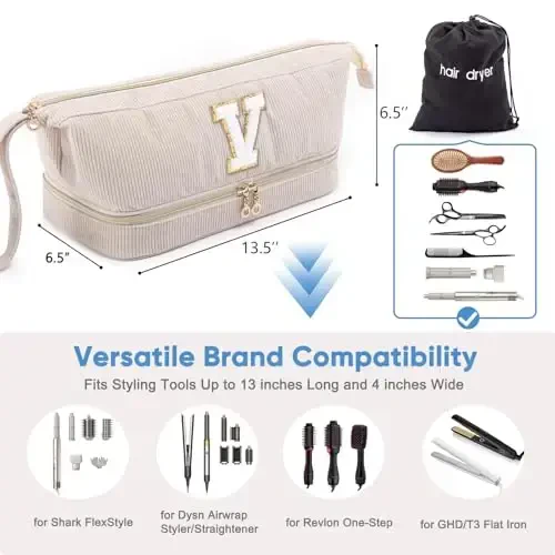 Initial Personalized Hair Dryer Case, Double-Layer Hair Tools Travel Carrying Case for Shark FlexStyle/SmoothStyle with Hair Dryer Bag - Hair Air Wrap Dryer Case Flat Curling Iron Travel Organizer - 3