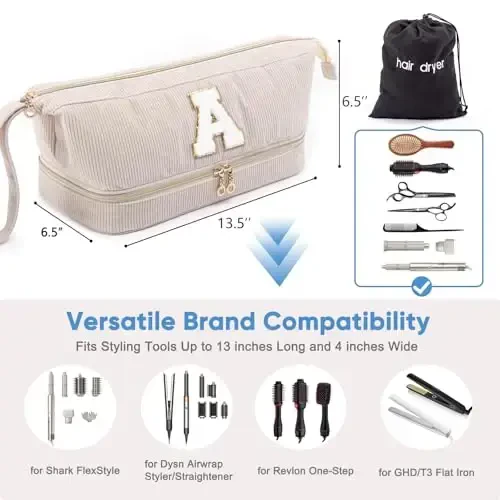 Initial Personalized Hair Dryer Case, Double-Layer Hair Tools Travel Carrying Case for Shark FlexStyle/SmoothStyle with Hair Dryer Bag - Hair Air Wrap Dryer Case Flat Curling Iron Travel Organizer - 4