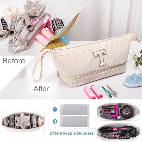 Initial Personalized Hair Dryer Case,Double-Layer Hair Tools Travel Carrying Case for Shark FlexStyle/SmoothStyle with Hair Dryer Bag - Hair Air Wrap Dryer Case Flat Curling Iron Travel Organizer - 5