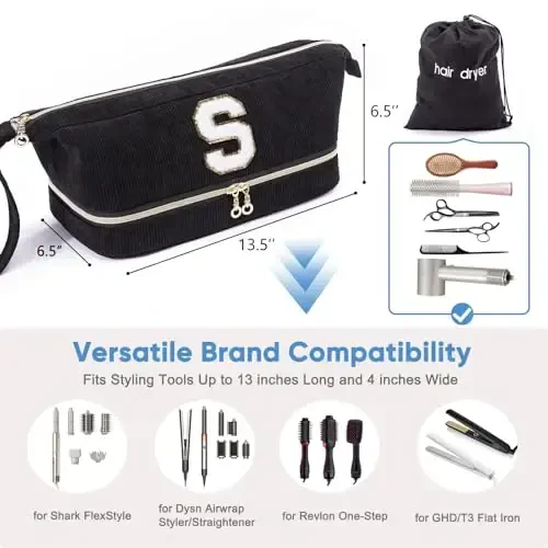 Initial Personalized Hair Dryer Case,Double-Layer Hair Tools Travel Carrying Case for Shark FlexStyle/SmoothStyle with Hair Dryer Bag - Hair Air Wrap Dryer Case Flat Curling Iron Travel Organizer - 4