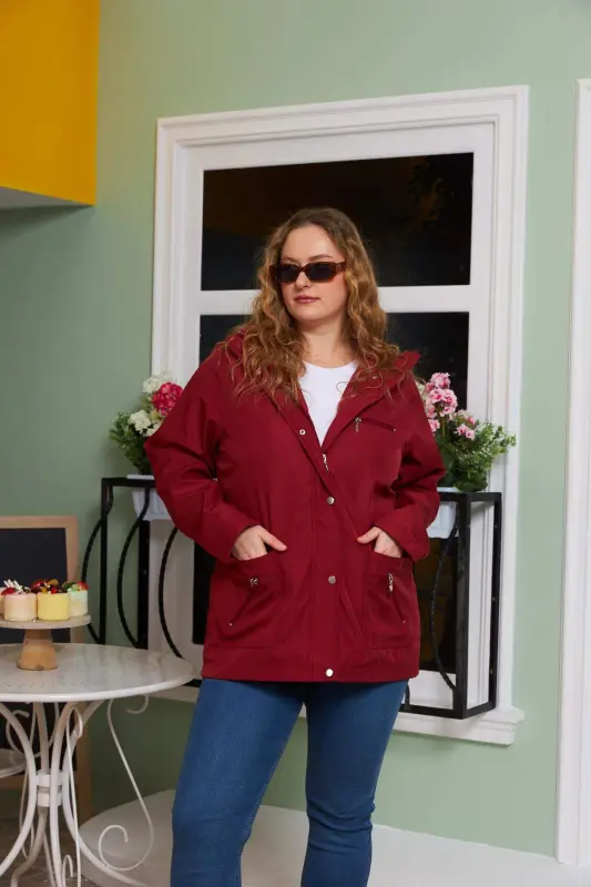 Inner Lining Plaid Detailed Plus Size Burgundy Trench Coat - 8