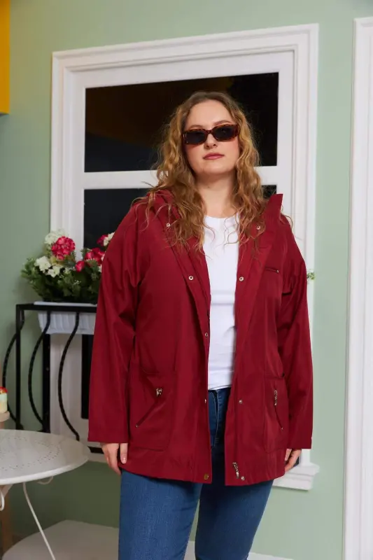 Inner Lining Plaid Detailed Plus Size Burgundy Trench Coat - BÜYÜKBEDENIZ