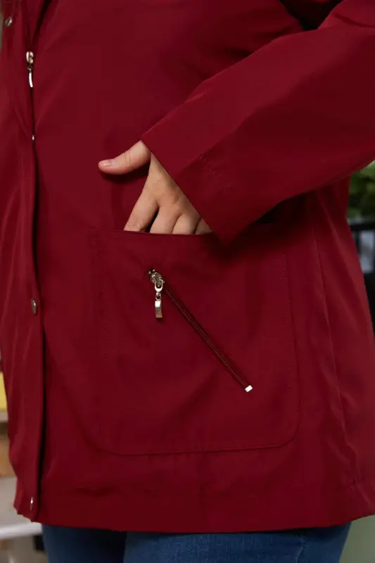 Inner Lining Plaid Detailed Plus Size Burgundy Trench Coat - 11