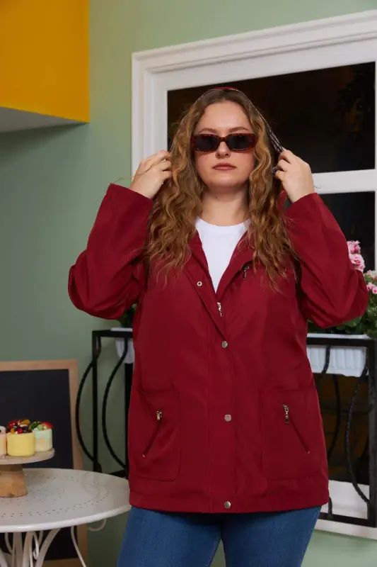 Inner Lining Plaid Detailed Plus Size Burgundy Trench Coat - 10