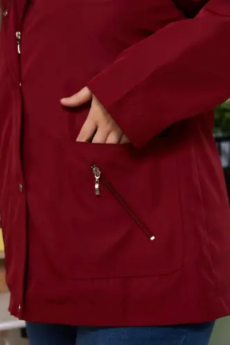 Inner Lining Plaid Detailed Plus Size Burgundy Trench Coat - 3