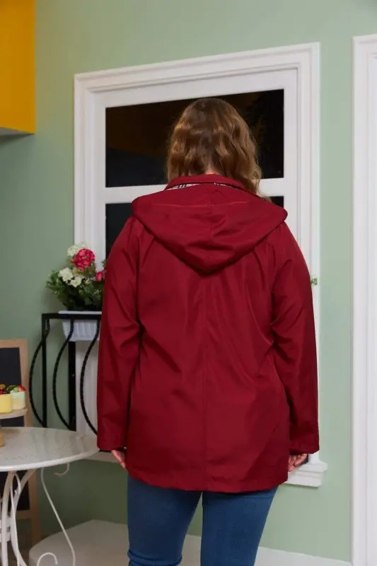 Inner Lining Plaid Detailed Plus Size Burgundy Trench Coat - 5