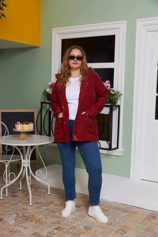 Inner Lining Plaid Detailed Plus Size Burgundy Trench Coat - 7